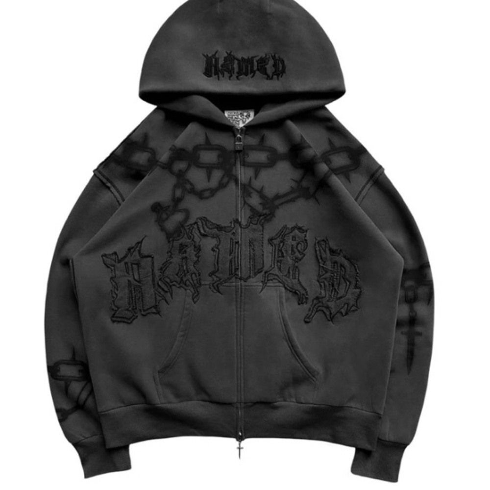 Black full front Zip-Up Hoodie Gothic Print preowned size small/medium